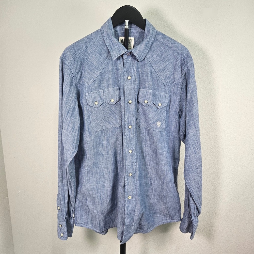 Ariat Western Shirt Women Large Blue Pearl Snap Retro Fit Cotton Chambray Cowboy